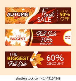 Autumn Special Offer Banner Collection For Promotion, Publication. Flash Sale, Fall Sale. Falling Leaves On Colorful Background. Seasonal Sale. Vector Illustration.