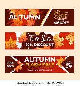 Autumn Special Offer Banner Collection For Promotion, Publication. Flash Sale, Fall Sale And Great Sale. With Falling Leaves On Colorful Background. Seasonal Sale. Vector Illustration.