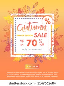 Autumn special offer banner.Hand drawn lettering autumn with leaves in fall colors.Sale season card perfect for prints, flyers,banners, promotion,special offer and more. Vector autumn promotion.