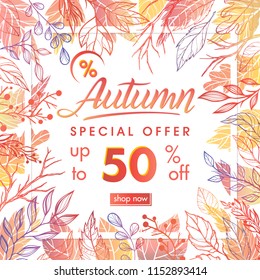 Autumn special offer banner.Hand drawn lettering autumn with leaves in fall colors.Sale season card perfect for prints, flyers,banners, promotion,special offer and more. Vector autumn promotion.