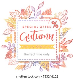 Autumn special offer banner.Hand drawn lettering autumn with leaves in fall colors.Sale season card perfect for prints, flyers,banners, promotion,special offer and more. Vector autumn promotion.