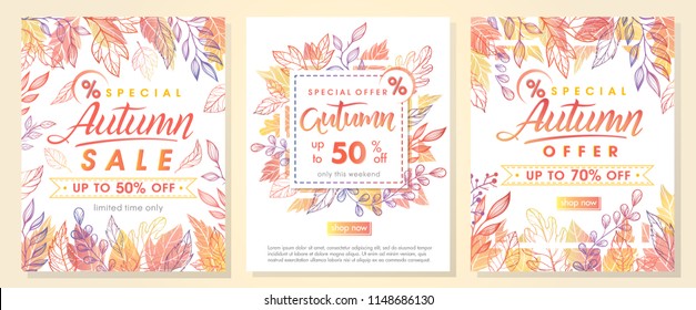 Autumn special offer banners with autumn leaves and floral elements in fall colors.Sale season card perfect for prints, flyers,banners, promotion,special offer and more. Vector autumn promotion.