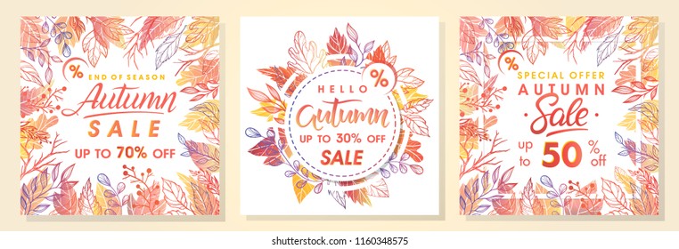 Autumn special offer banners with autumn leaves and floral elements in fall colors.Sale season card perfect for prints, flyers,banners, promotion,special offer and more. Vector autumn promotion.

