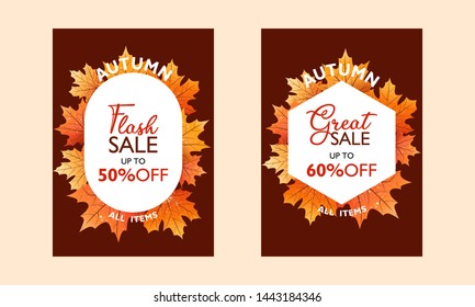 Autumn special offer poster collection for promotion, publication. Flash sale and great sale. With falling leaves on  background. Seasonal sale. Vector illustration.