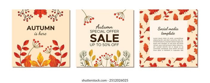 Autumn special offer sale social media template set. Fall warm cozy square posters collection with botanical elements. Watercolor vector illustration.