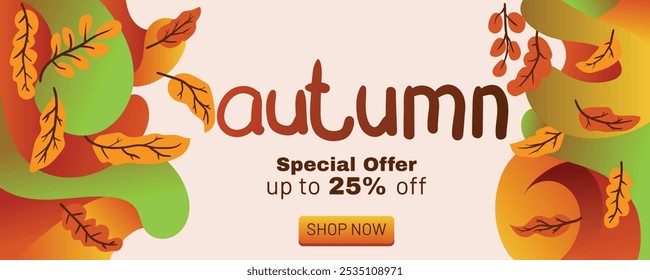 Autumn Special Offer Template with Liquid Shapes and Falling Leaves. concept of autumn special offer with abstract background banner template vector illustration