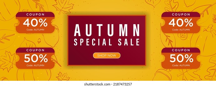 Autumn Special Sale Banner with isolated coupons for ecommerce. Editable Vector Illustration. Orange  color palette. Hand drawn autumn elements on orange background.