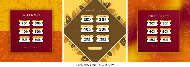 Autumn Special Sale Discount Voucher Giveaway Layouts. 20% to 50% and Free shipping, free delivery coupon sets. Shop now CTA button. Fall Coupon Promo set.  Vector Illustration.