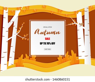 Autumn special sale offer background with frame board in paper cut style. Design for poster, flyer, brochure, banner, cover, wallpaper, advertising template.