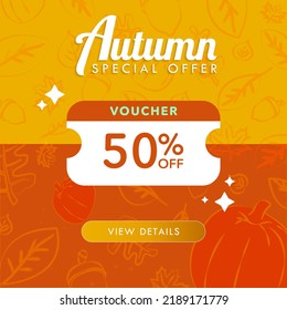 Autumn Special Sale Sign with big voucher icon and view details CTA on autumn-themed background with hand-drawn leaves, maple, acorn, pumpkin. Editable Vector Illustration. EPS 10.