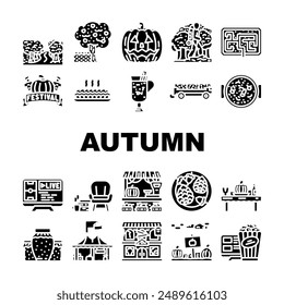 autumn spend time forest icons set vector. nature family, woman together, park people, garden tree, father portrait, mushroom autumn spend time forest glyph pictogram Illustrations