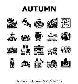 autumn spend time icons set vector. leaves harvest, pumpkin foliage, bonfires sweaters cider, hayrides cornmazes, acorns autumn spend time glyph pictogram Illustrations