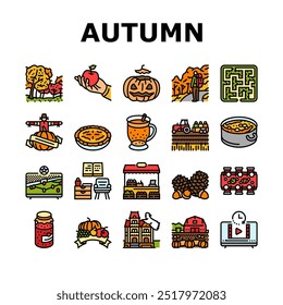 autumn spend time icons set vector. leaves harvest, pumpkin foliage, bonfires sweaters cider, hayrides cornmazes, acorns autumn spend time color line illustrations