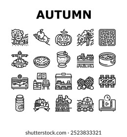 autumn spend time icons set vector. leaves harvest, pumpkin foliage, bonfires sweaters cider, hayrides cornmazes, acorns autumn spend time black contour illustrations