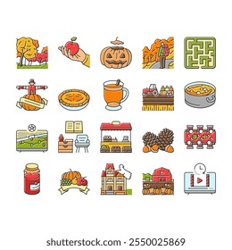 autumn spend time icons set vector. leaves harvest, pumpkin foliage, bonfires sweaters cider, hayrides cornmazes, acorns autumn spend time color line illustrations