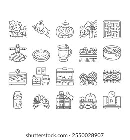 autumn spend time icons set vector. leaves harvest, pumpkin foliage, bonfires sweaters cider, hayrides cornmazes, acorns autumn spend time black contour illustrations