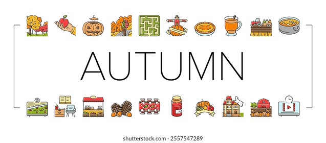 autumn spend time icons set vector. leaves harvest, pumpkin foliage, bonfires sweaters cider, hayrides cornmazes, acorns autumn spend time color line illustrations