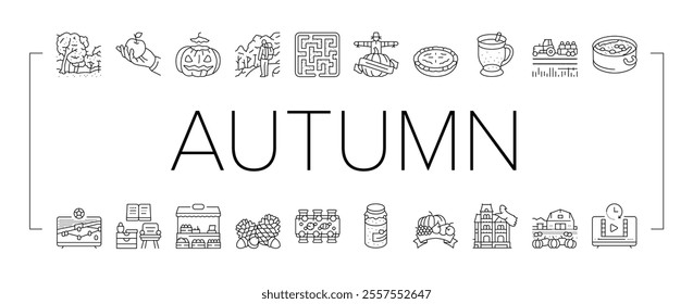 autumn spend time icons set vector. leaves harvest, pumpkin foliage, bonfires sweaters cider, hayrides cornmazes, acorns autumn spend time black contour illustrations