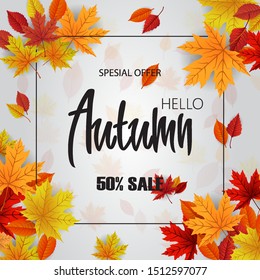 Autumn spesial offer sale on background with diferrent leaves. Design for banner, post, card, label