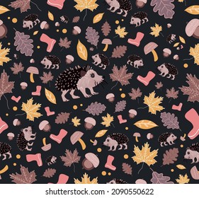 Autumn spiky, prickly, cute hedgehog, cartoon, seamless pattern with maple leaves, mushrooms, nature  