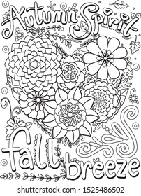 Autumn Spirit-fall breeze with flower elements. Hand drawn lines. Doodles art for greeting cards, invitation or poster. Coloring book for adult and kids.