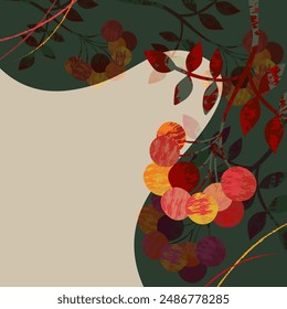 Autumn Splendor: Grunge style vector poster with rowan bunches of rowan trees. Vector illustration Grange vector poster decorated with fiery bunches of rowan trees