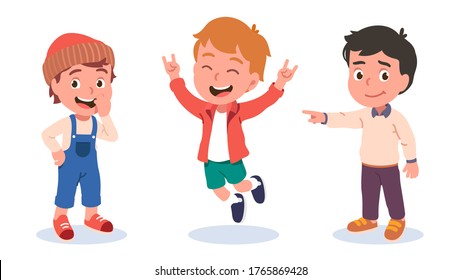 Autumn & spring kids outdoors clothes fashion styles. Boys laugh, smile, gesture. Show rock horn, jump, point finger. Kids have fun gesturing. Children cartoon characters flat vector illustration set