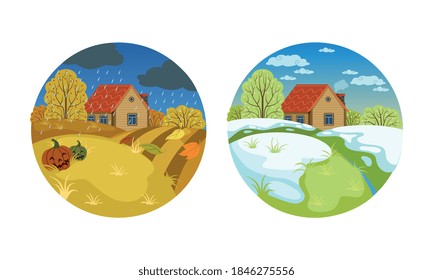 Autumn and Spring Landscape Set, Two Seasons of Nature, View of Small Country House in Circle Shape Cartoon Vector Illustration