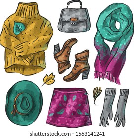 Autumn spring outfit, jeans,cashmere, sweater, hat, skirt, boots, casual, fashion, women's clothing, bag, shawl, scarf, gloves