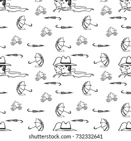 Autumn Spring seamless pattern, vector background. Opened umbrellas lie in a puddle of water, folded umbrellas, gloves, man and woman. For wallpaper design, wrappers, fabrics, decorating.