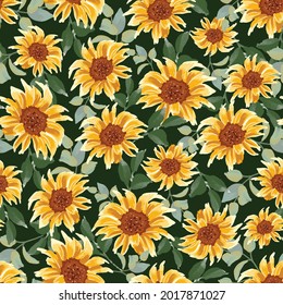 Autumn or spring sunflowers with green background pattern. Packed flowers. Perfect for fall, Thanksgiving, summer, fashion, holidays, fabric, textile. Seamless repeat swatch.

