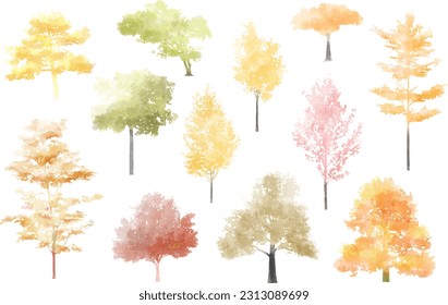 autumn, spring tree watercolor vector illustration, Minimal style tree painting hand drawn, Side view, set of graphics trees elements drawing for architecture and landscape design.