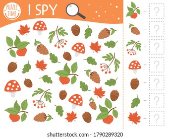 Autumn I Spy Game For Kids. Searching And Counting Activity For Preschool Children With Cute Fall Season Plants. Funny Printable Worksheet For Kids. Simple Thanksgiving Spotting Puzzle.
