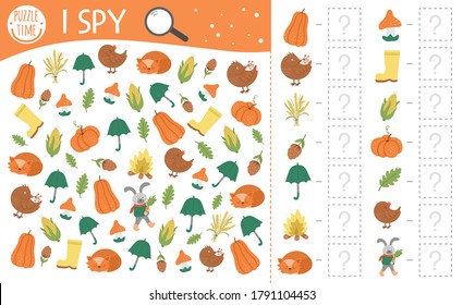 Autumn I spy game for kids. Searching and counting activity for preschool children with cute fall season objects. Funny printable worksheet for kids. Simple thanksgiving spotting puzzle.
