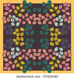 Autumn square arrangement from pretty leaves. Modern style. Floral forest cute background for scarf print, textile, covers, surface, scrapbooking, decoupage. Bandana, shawl, hijab design.