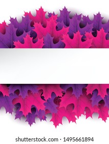 Autumn square background with beautiful color maple leaves and white paper banner. Season decoration - Vector
