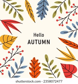 Autumn square background, frame with colorful leaves. Trendy modern design. Vector template for card, banner, invitation, social media post, poster, mobile apps, web ads.