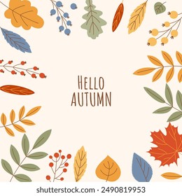 Fondo cuadrado de otoño. Marco de hojas de otoño coloridas. Anuncio de otoño minimalista de moda. Plantilla de Vector con hojas dibujadas a mano para tarjeta, invitación, publicación en redes sociales, afiche, App móviles 