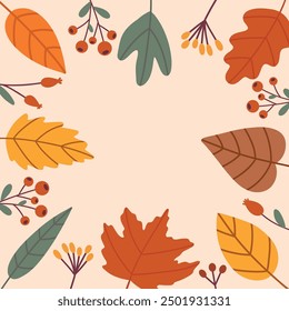 Fondo cuadrado de otoño. Marco de hojas de otoño de colores. Anuncio de otoño minimalista de moda. Plantilla de Vector con hojas dibujadas a mano para tarjeta, invitación, publicación en redes sociales, póster, App móviles