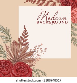 Autumn square background with modern floral elements. Social media post template. Hand drawn botanical vector illustration. Space for text