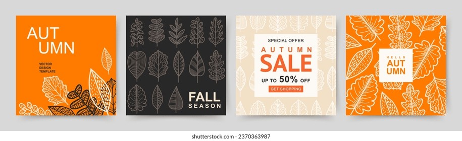 Autumn square backgrounds. Fall season sale on social media. Minimalistic style with floral design elements. Editable vector template for card, banner, invitation, social media post, poster, web ads