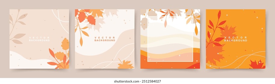 Autumn square backgrounds. Minimalistic style with elements of branches and leaves. Editable vector template for card, banner, invitation, social media post, poster, mobile app, web advertising