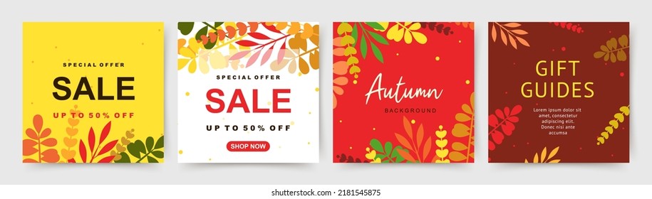 Autumn square backgrounds with simple leaves. Season sale social media post. Vector illustration for mobile apps, banner design, card, invitation, poster and web ads