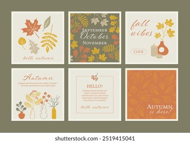 Autumn square banner set. Thanksgiving greeting card collection. Holiday background with fall leaves for social media post. Modern minimalist poster with hand drawn illustration.