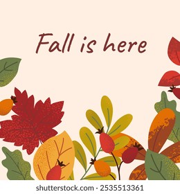 Autumn square card with falling leaves on beige background and typography. Trendy template with grunge texture effect. Seasonal botanical colorful flat illustration.