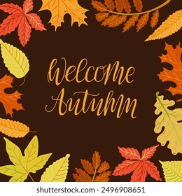 Autumn square contrast banner with colored leaves and calligraphic lettering Welcome Autumn. Hand drawn flat style. Simple botanical illustration. Vector clipart of drawings on dark background