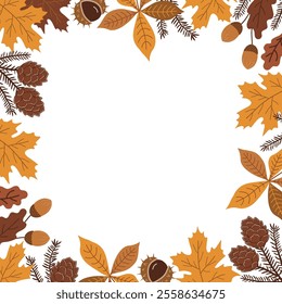 Autumn Square Frame. Beautiful Fall Background. Autumn Leaves, Acorns, Chestnut, Maple, Oak, Chestnut Leaves. Free Space for Your Text. Vector Illustration in Yellow, Brown on White Background