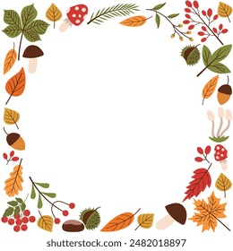 Autumn square frame with empty space for an inscription. Autumn time postcard template. Frame of autumn foliage, mushrooms, berries. Autumn elements - acorns, twigs, chestnuts. Vector illustration