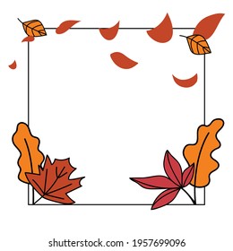 Autumn square frame with fallen leaves. Seasonal decor for postcards, posters, banners. Vector template with copyspace. Doodle style. All elements are isolated. Hand-drawn illustration.
