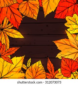 Autumn square frame with hand drawn golden leaves. Autumn banner with wooden texture. Vector fall design for advertisement, greeting cards and social media content.